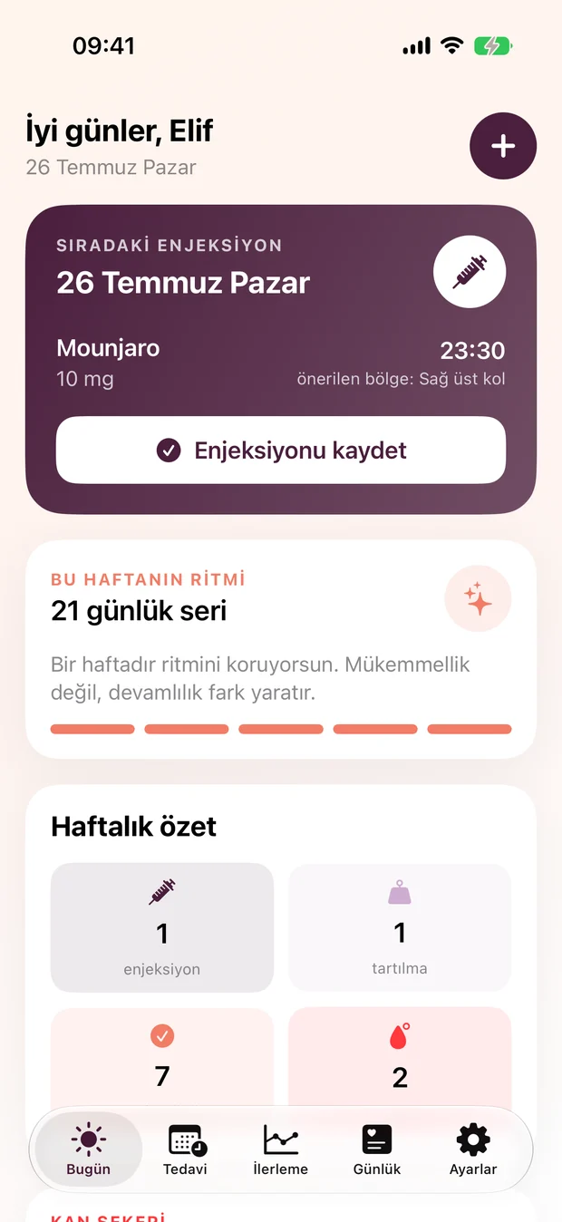 Sıradaki enjeksiyon kartı, haftalık ritim ve haftalık özet