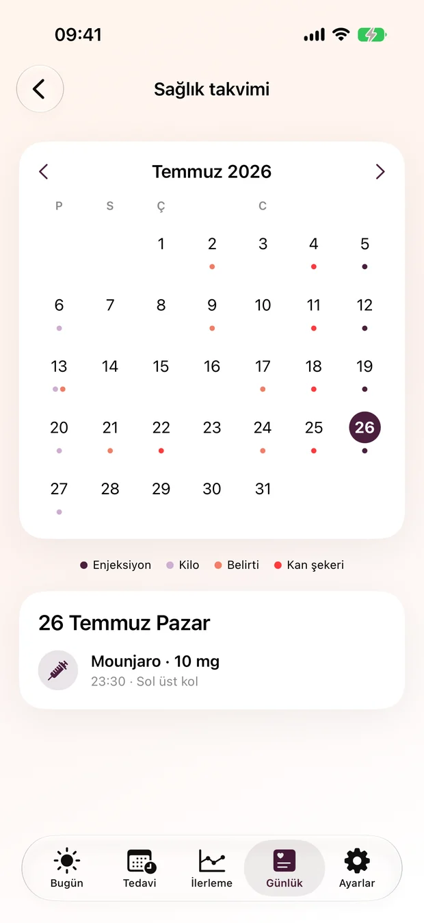 Enjeksiyon, kilo, belirti ve kan şekerini birleştiren sağlık takvimi